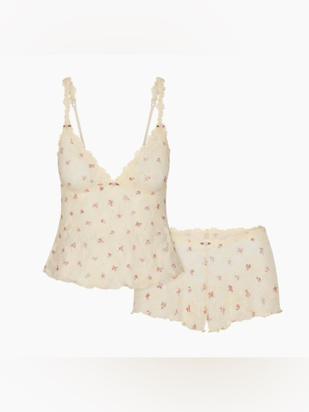 🌸 SKIMS Stretch Lace Trim Cami & Short Set | Butter Rosebud Print | XL | NW